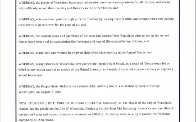 Official Proclamation signed by Mayor Nadaskay and City Clerk, City of Wauchula Embossed Seal 